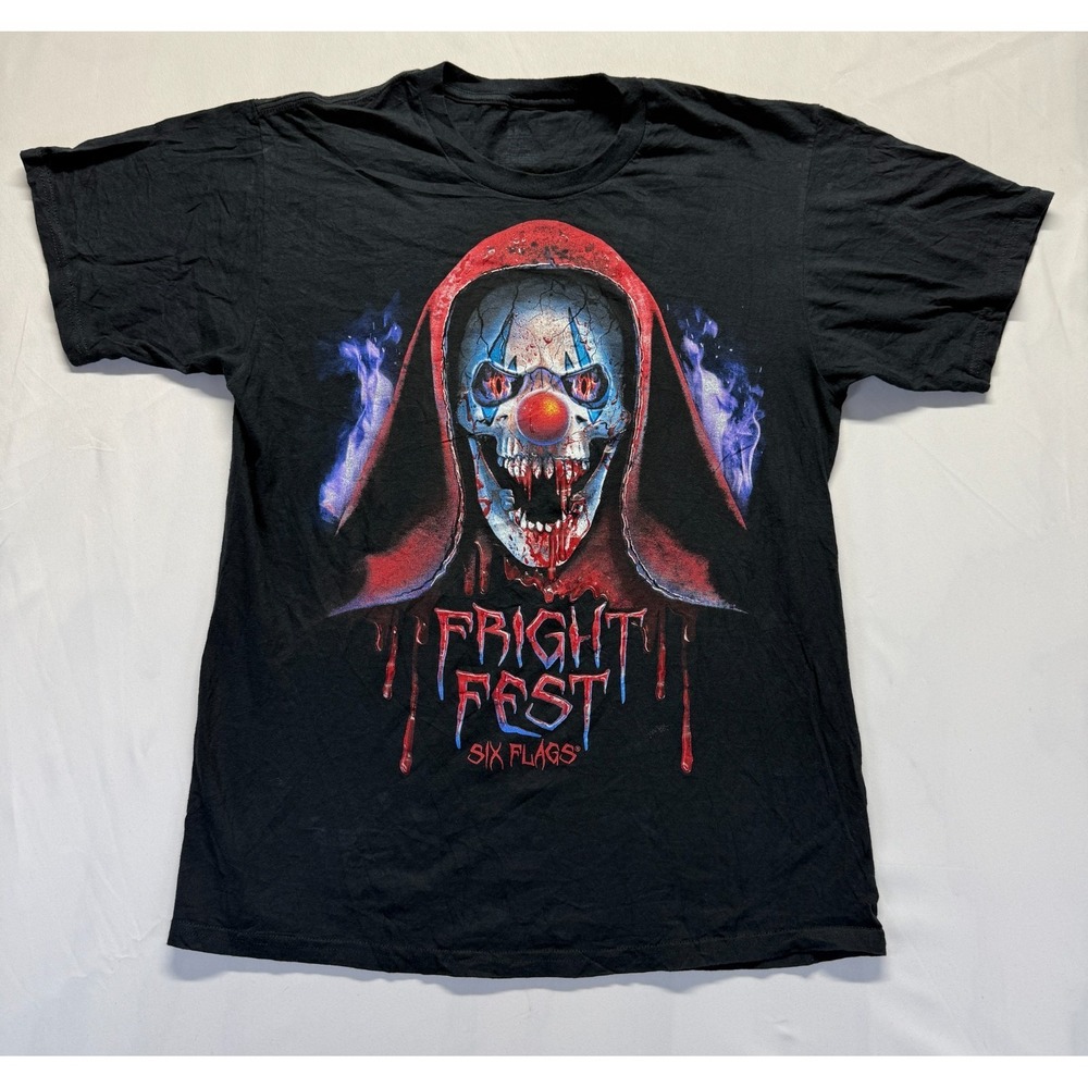 Six Flags T Shirt Mens Medium Black Graphic Print‎ Fright Fest Scary Clown Skull